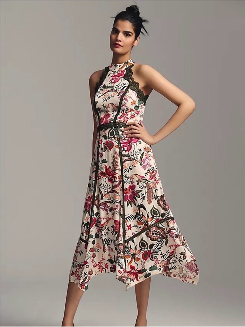 Anthropologie NEW Floral Halter Midi Dress green lace Ivoy pockets never worn